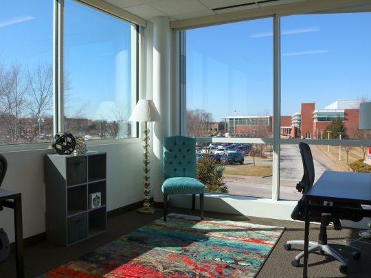 Office space with colorful run and chair