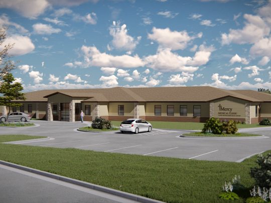 rendering of a tan building with a brown roof that will be Mercy Medical Clinic