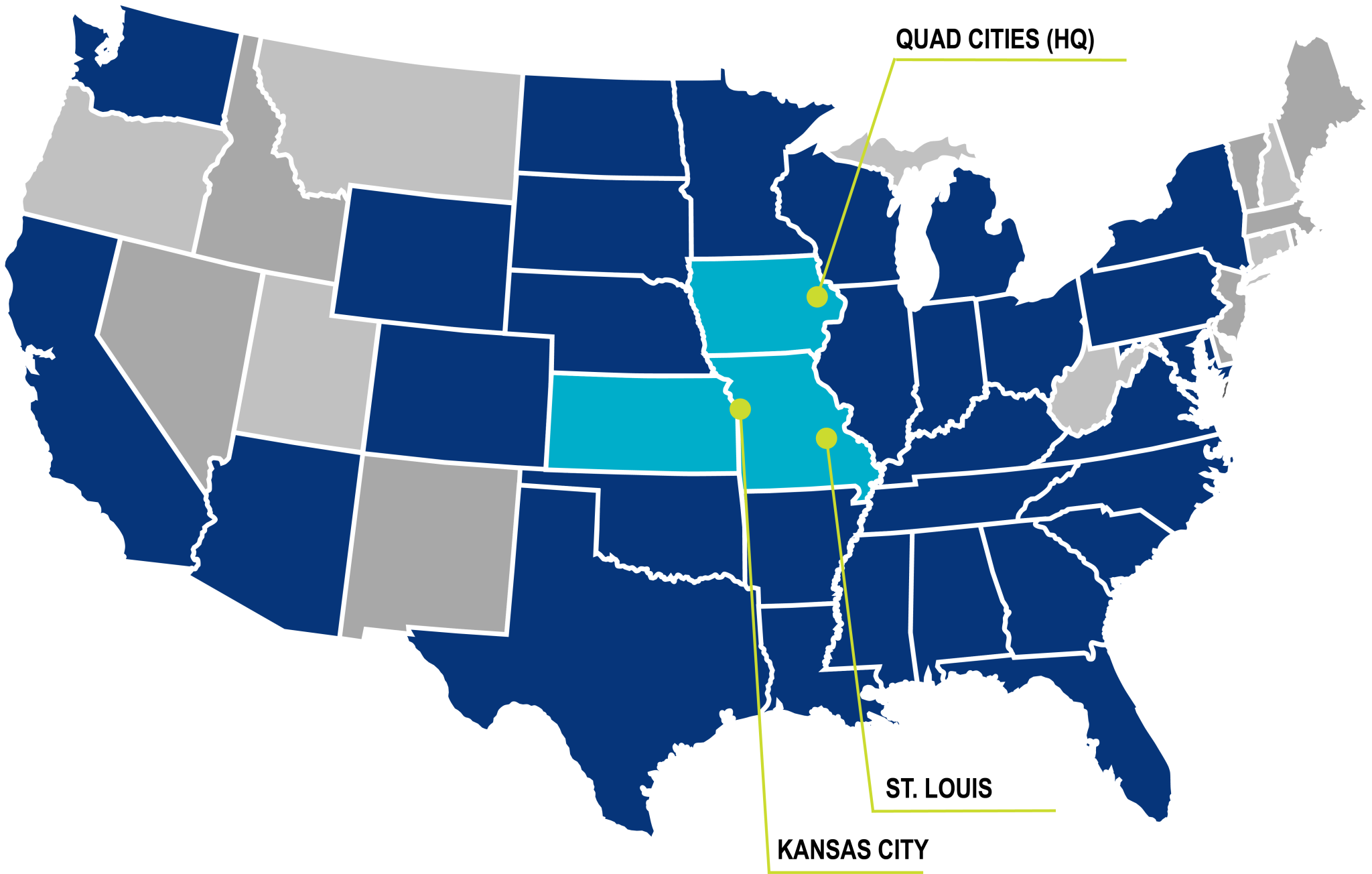 Map of the United States showing the locations for Russell's offices in Davenport, St. Louis, and Kansas City.