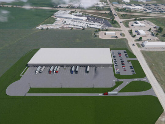 Exterior drone rendering of new warehouse