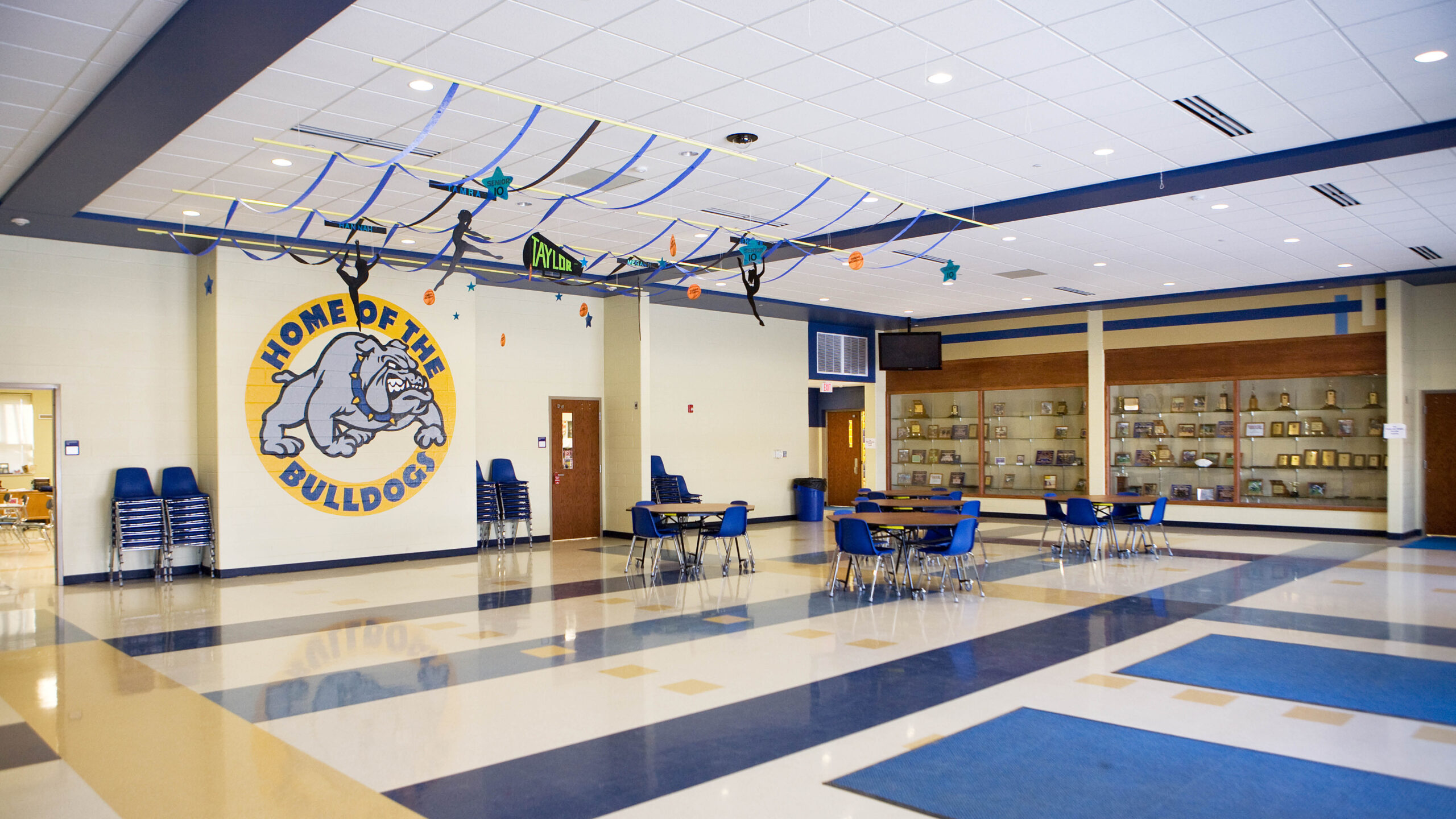 high school cafeteria and trophy case