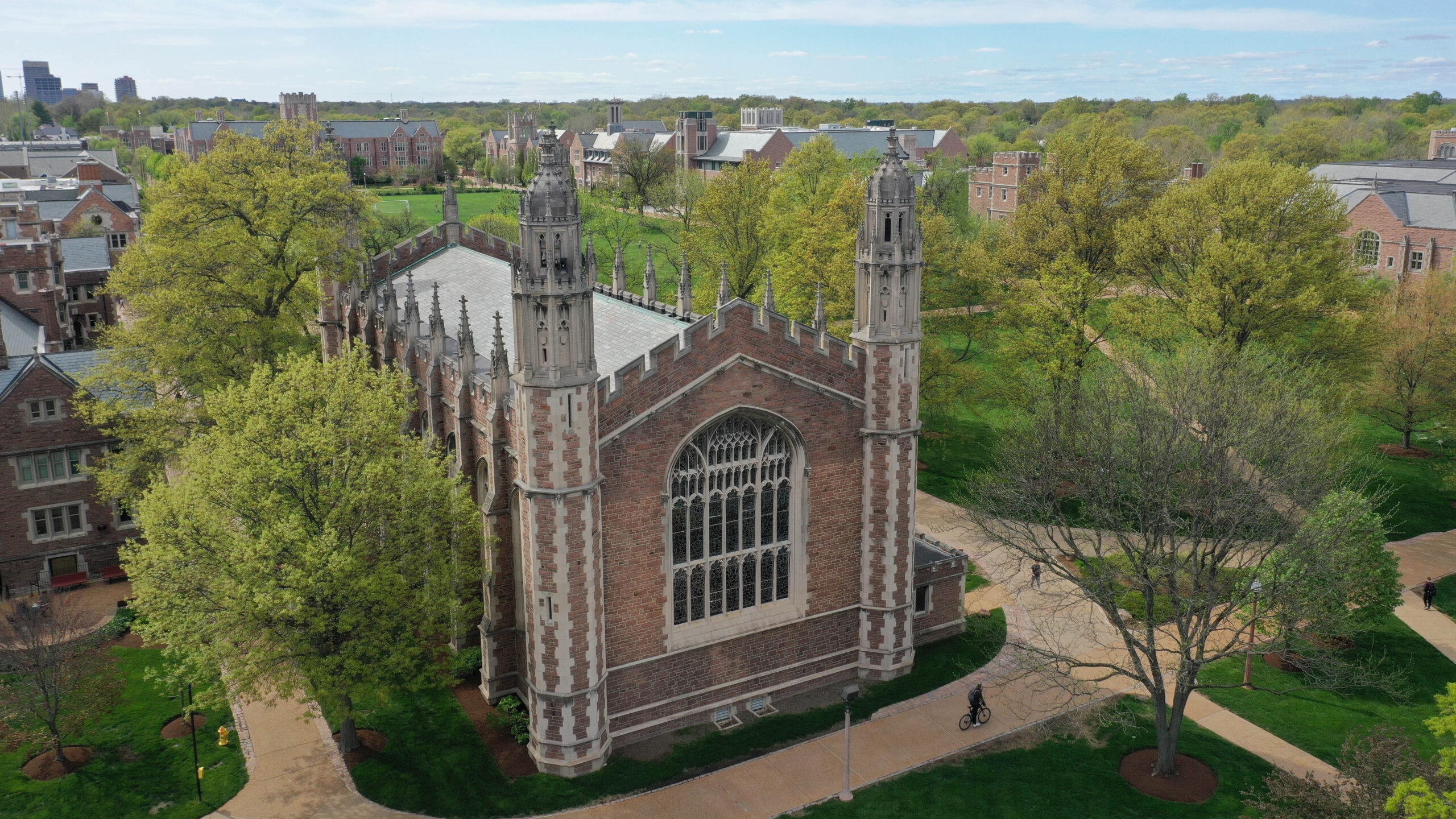 aerial view of a brick chapel