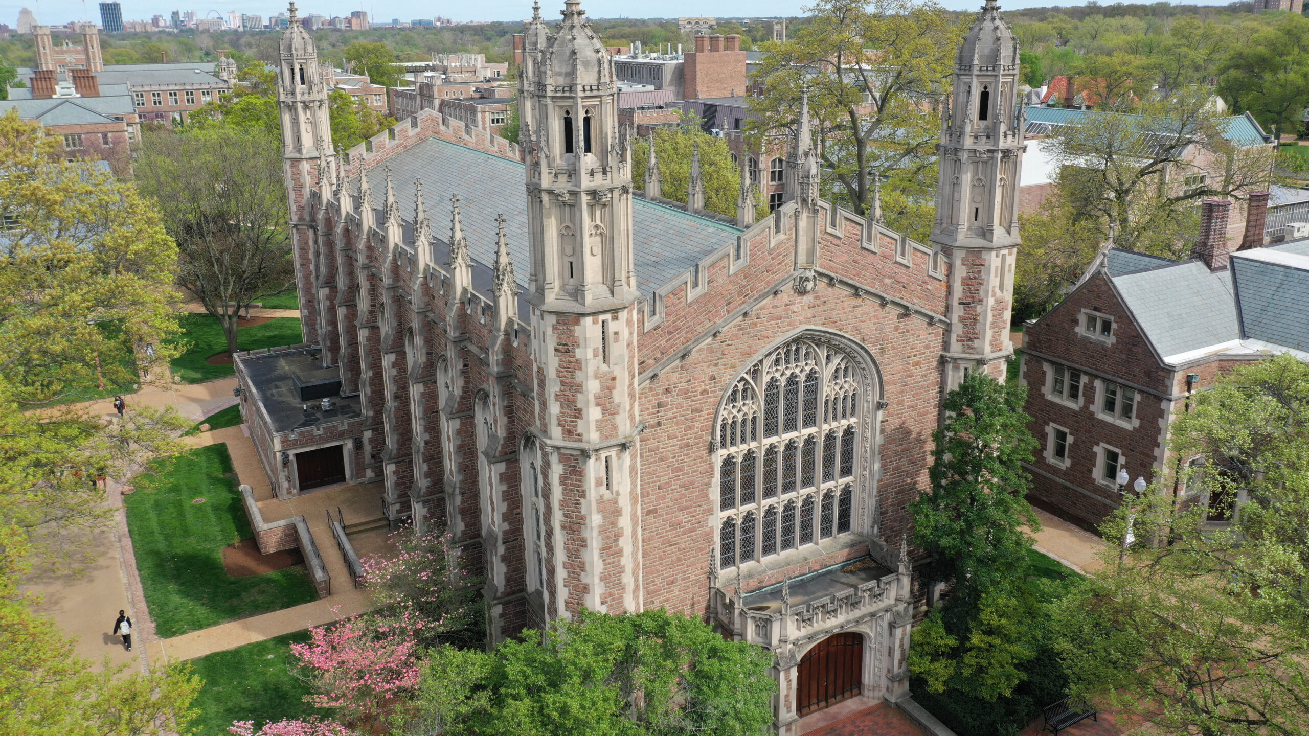 aerial view of a brick chapel