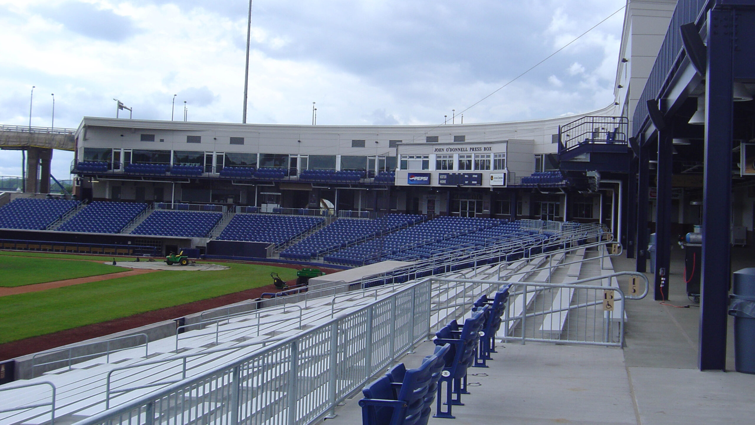 Stadium bleachers overlooking a baseball diamond
