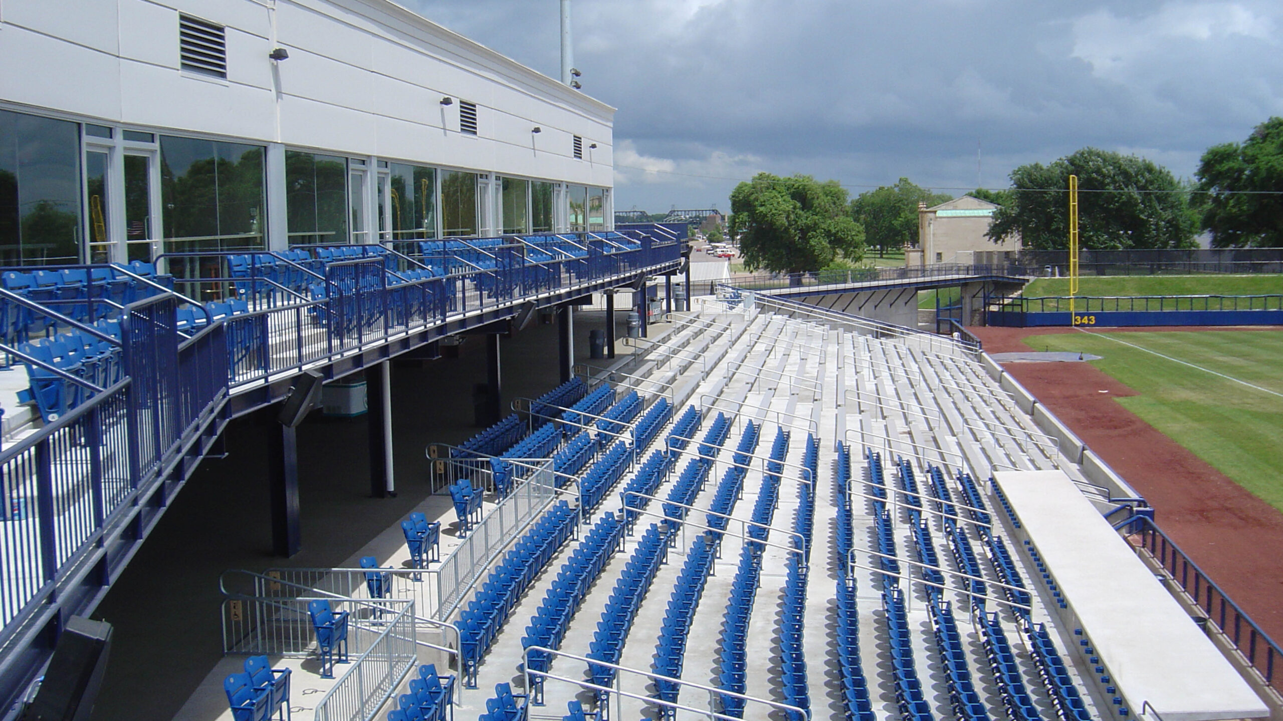Stadium seating overlooking a baseball diamond