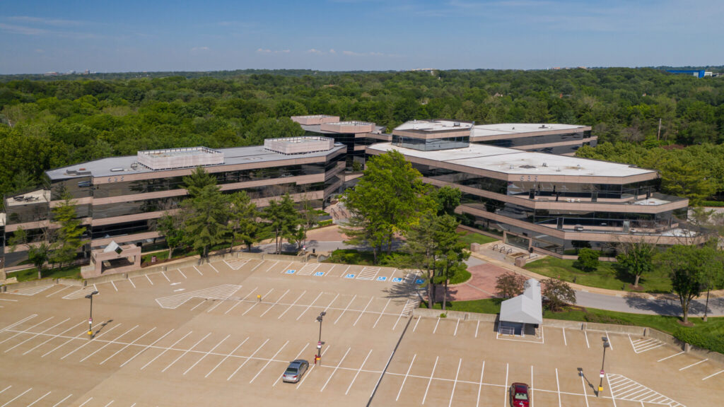 aerial view of an office park and parking lot