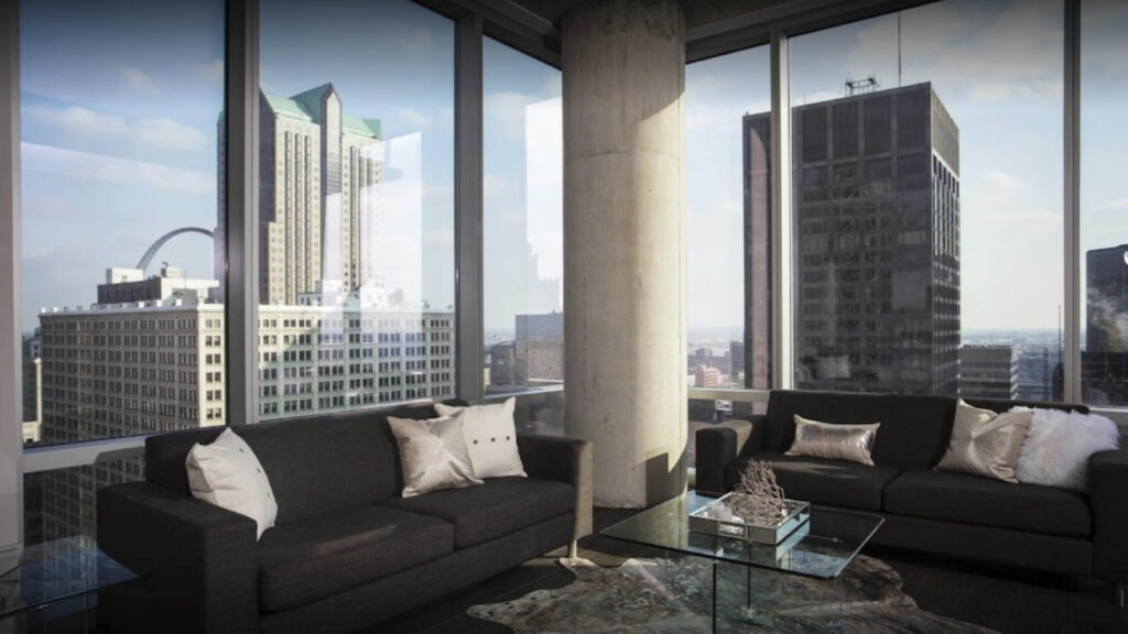 apartment living room overlooking tall buildings