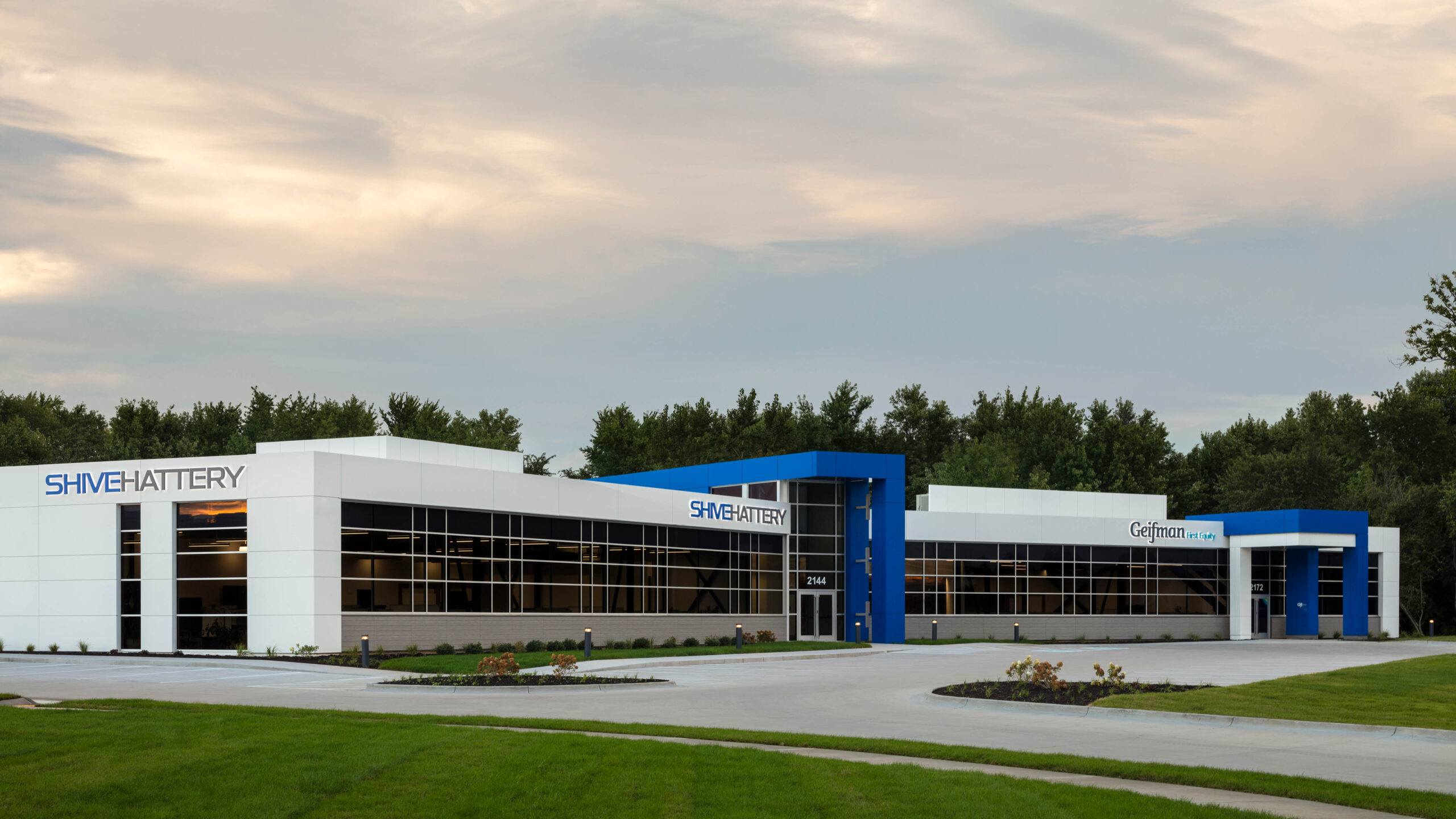 exterior view of an office building with numerous windows