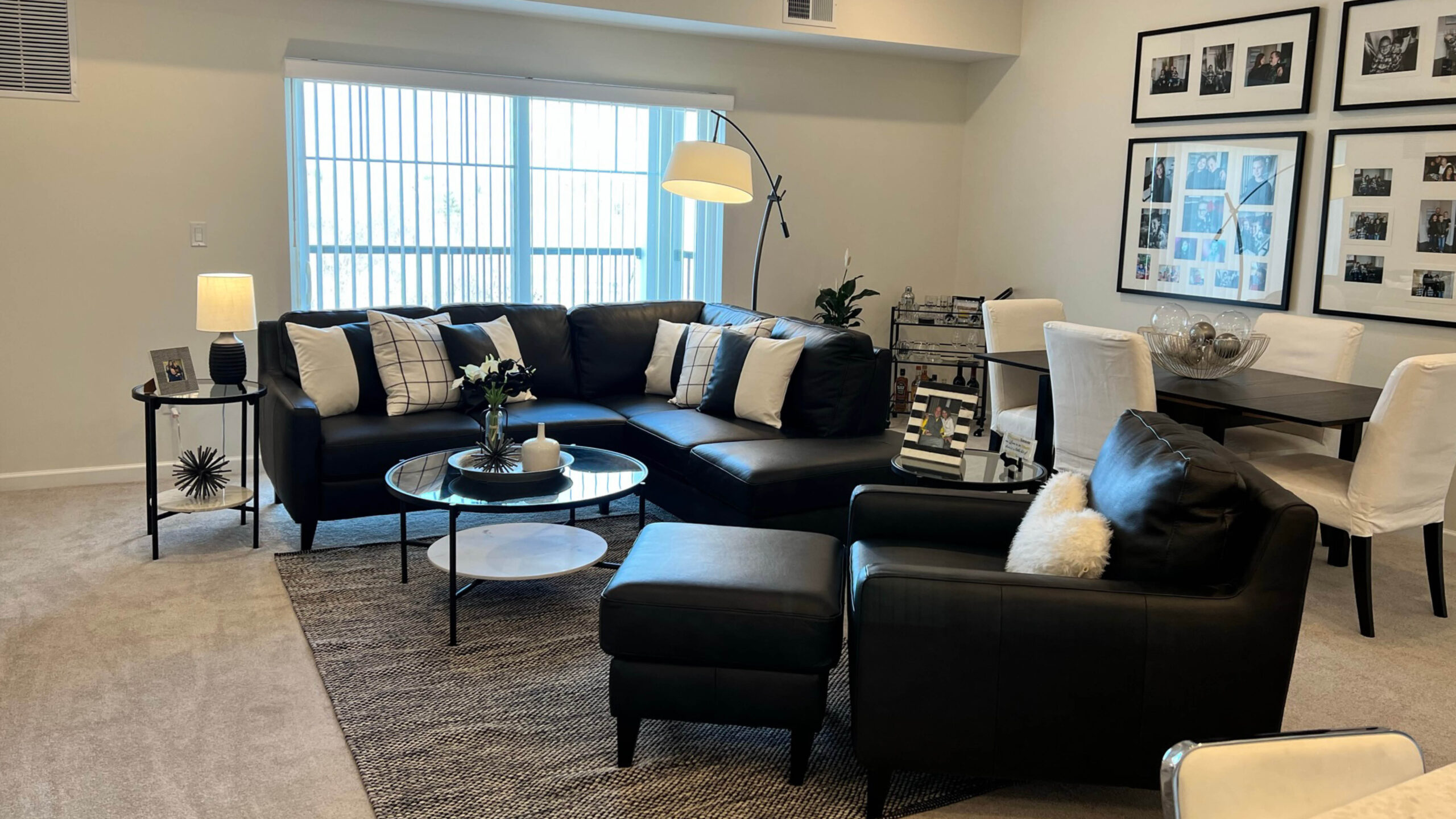 living space with a sectional, coffee, and end tables