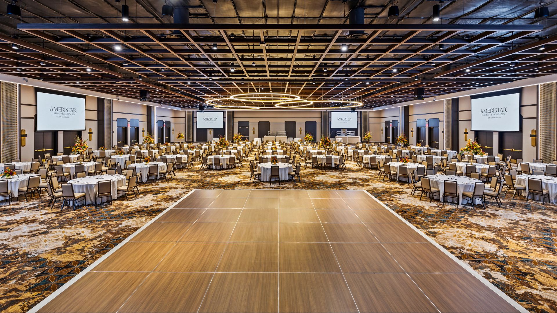 Ballroom set banquet style with round tables and wood dance floor at Ameristar Casino