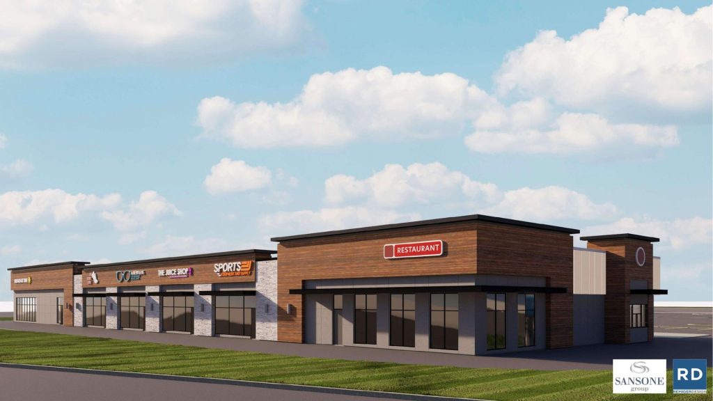 Dogwood Social Commons retail strip center in St. Louis with stone veneer, wood paneling, and multiple tenant storefronts