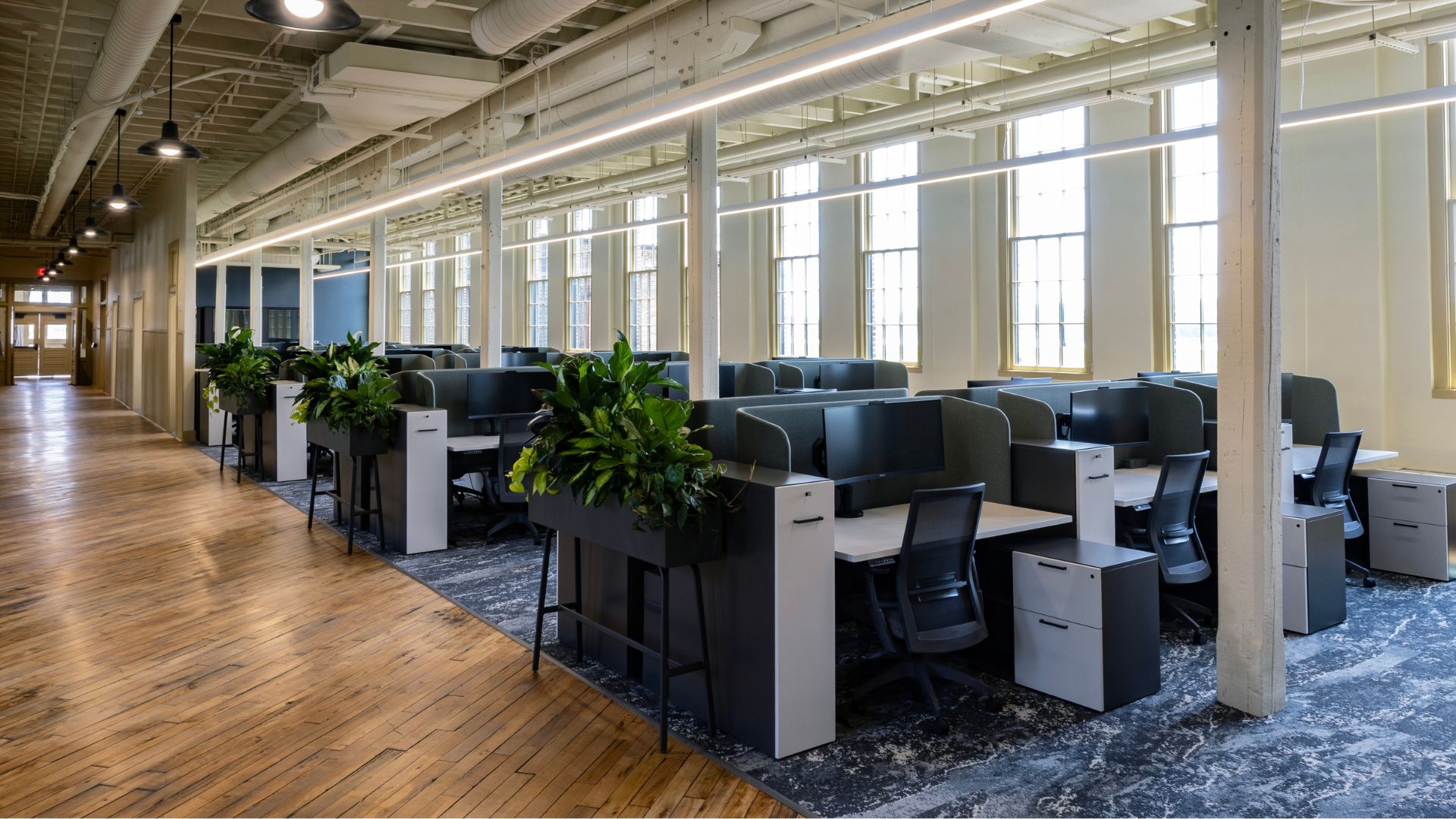 McKee Building open office with exposed brick columns, tall factory windows, and modern workstations