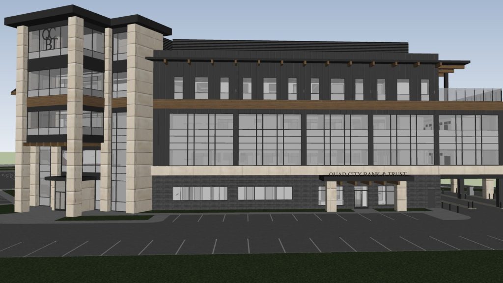 Architectural rendering of the QCR Holdings headquarters side entrance, showing the four-story stone tower with QCBT signage, a covered drive-up entry marked Quad City Bank & Trust, and an adjacent parking lot.