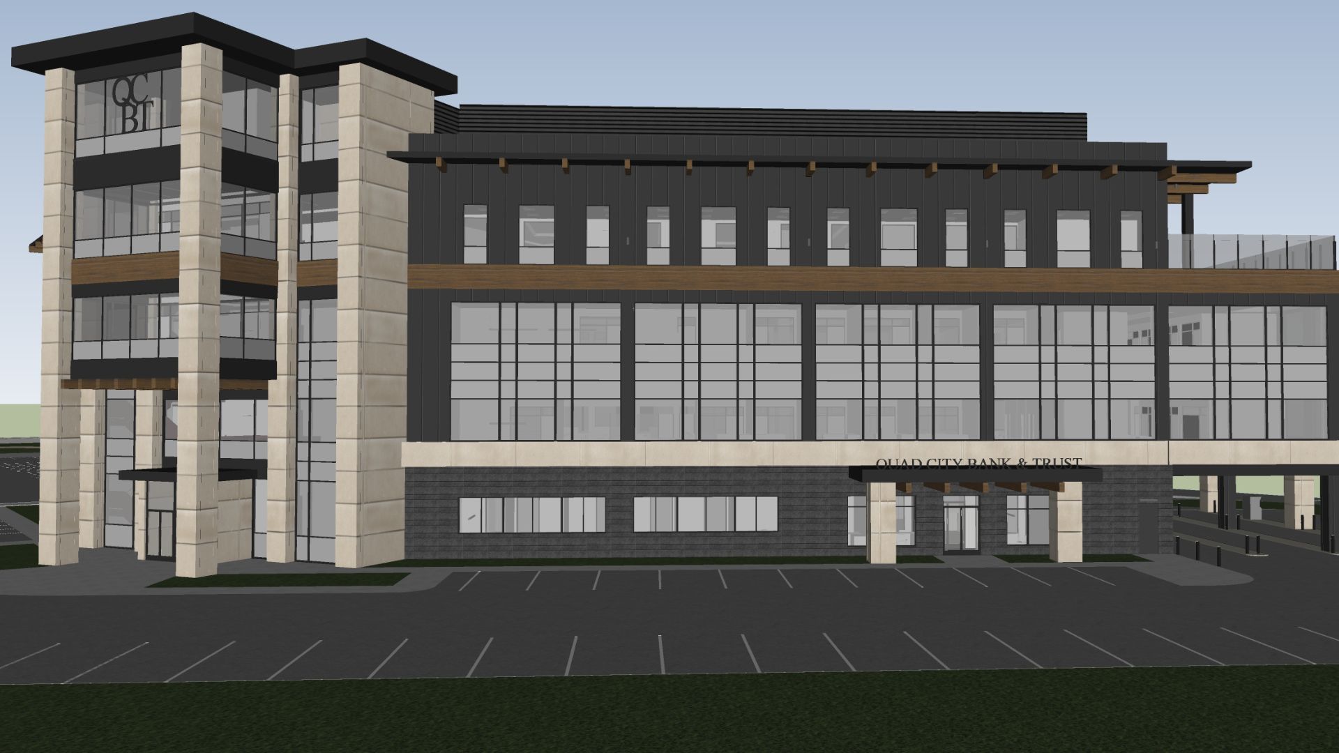 Architectural rendering of the QCR Holdings headquarters side entrance, showing the four-story stone tower with QCBT signage, a covered drive-up entry marked Quad City Bank & Trust, and an adjacent parking lot.