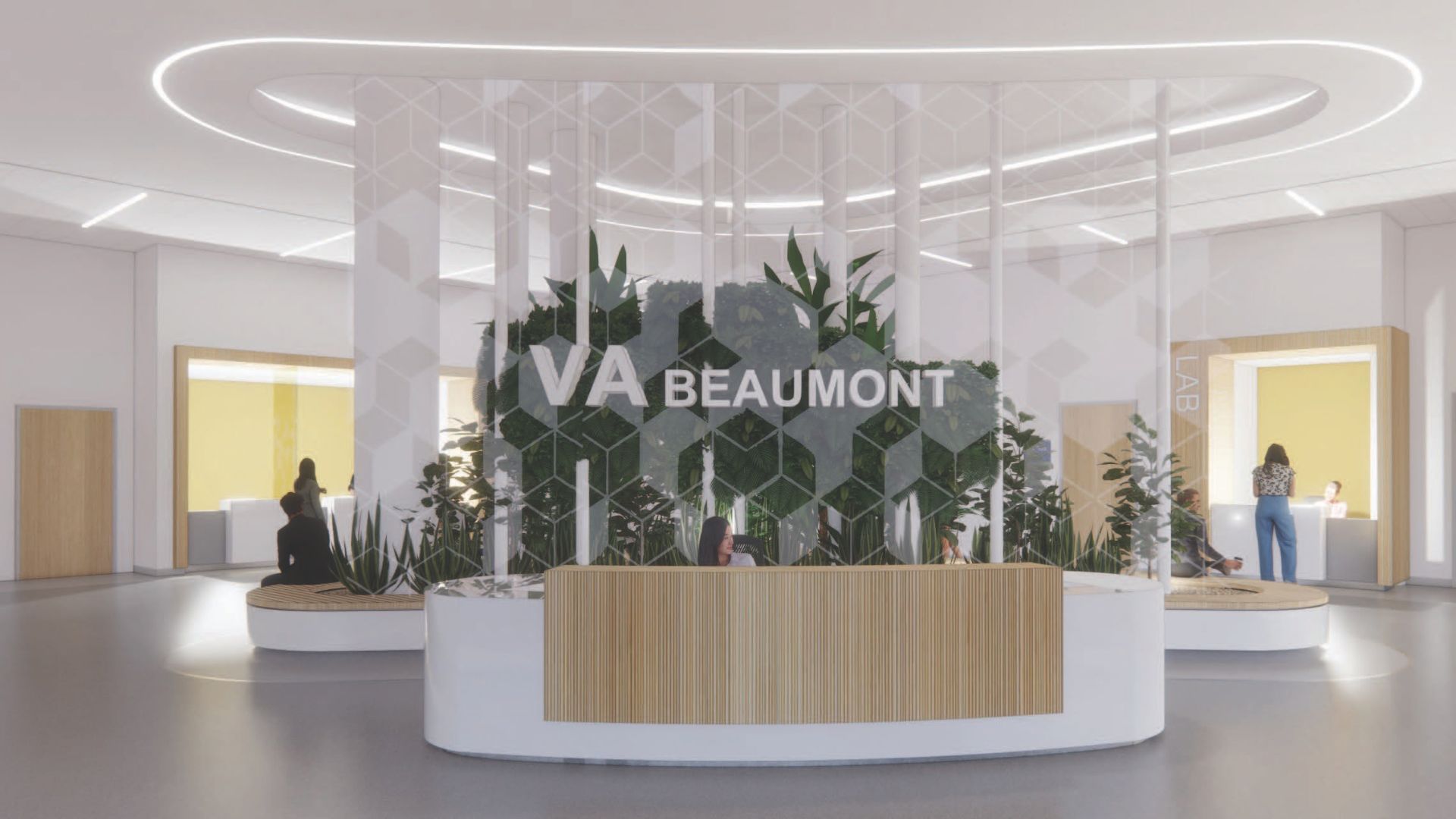 Interior rendering of VA Beaumont clinic lobby featuring wood reception desk, glass partition with greenery, and VA Beaumont signage