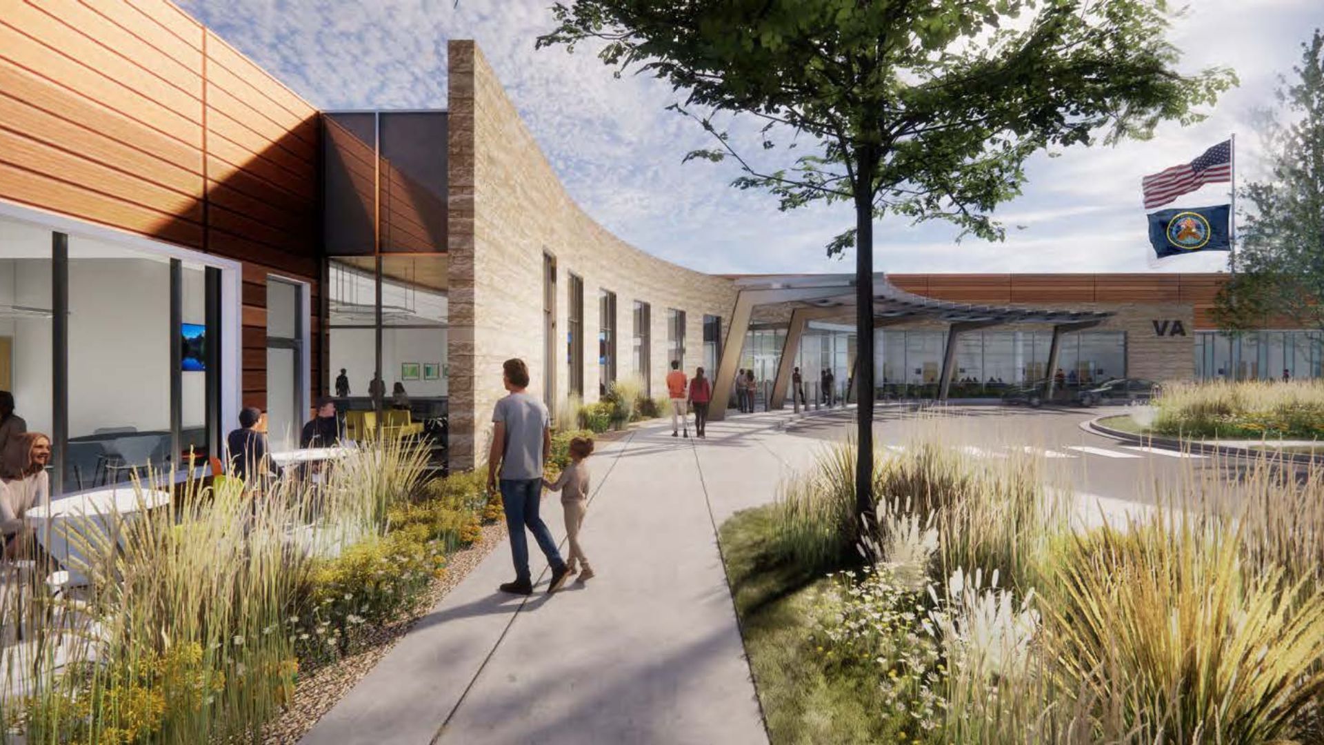 Rendering of VA Outpatient Clinic Beaumont TX entrance walkway with stone facade, canopy entry, and American and POW flags