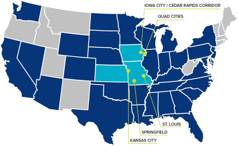 Map of Russell offices in Davenport, Iowa City, St. Louis, Kansas City, and Springfield.